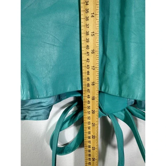 Badgley Mischka Vintage Teal Leather Jacket Silk Lined Cropped Tie Waist Sz M/8 - Picture 14 of 16